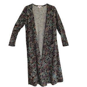 LulaRoe SARAH Black Yellow Blue Long Cardigan Sweater Duster Pockets Size SMALL